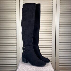 Unisa Black Vegan Suede Fabric Boots Over The Knee Pull On Riding Boots Size 8.5